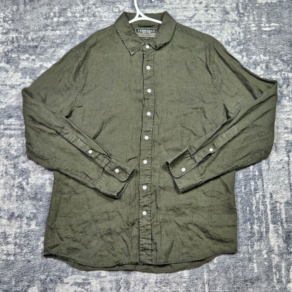 Thursday Boot Company Linen Button Up Shirt Mens L Green Athletic Fit Minimalist